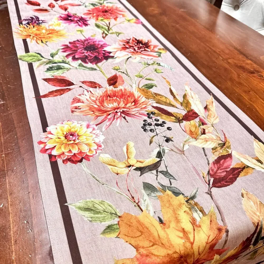Williams Sonoma Harvest Blooms Cotton Table Runner Floral Botanical 108” x 16”